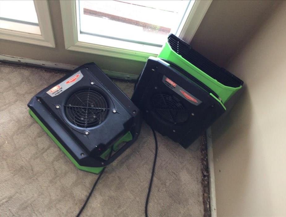 Air movers placed after water damage.